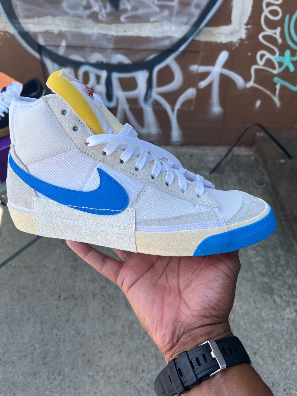 Nike Blazer High-Top Sneakers in White, Blue & Yellow